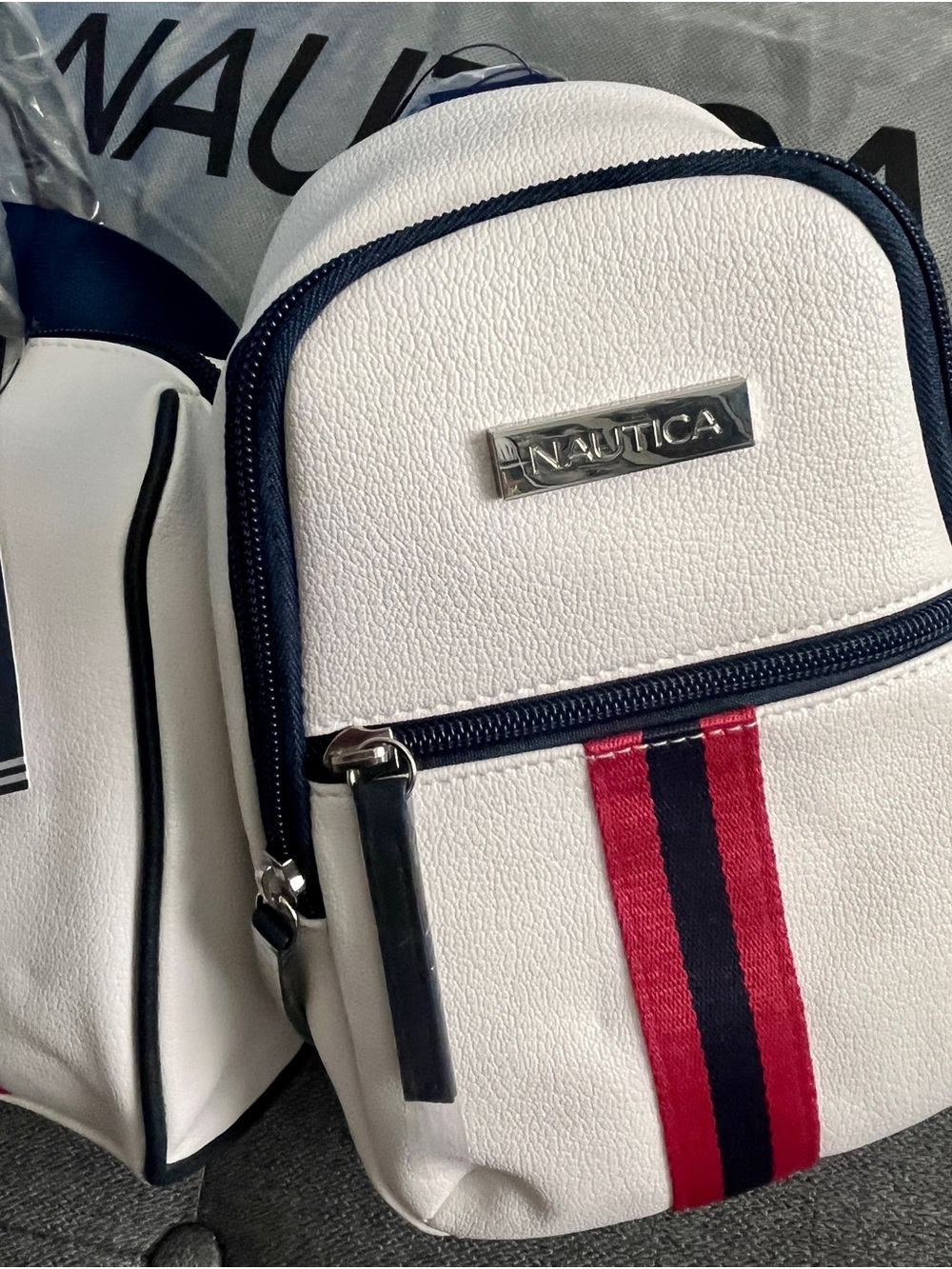 Nautica White Belt Bag with Red & Navy Stripes - Picture 3 of 5